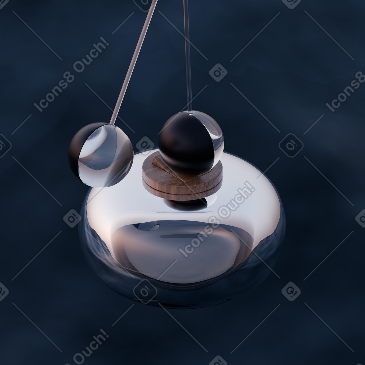 Illustration animée Pendule avec sphères métalliques au-dessus de l'eau, équilibre et dans le style 3D Luxe à télécharger aux formats GIF, Lottie (JSON), AE