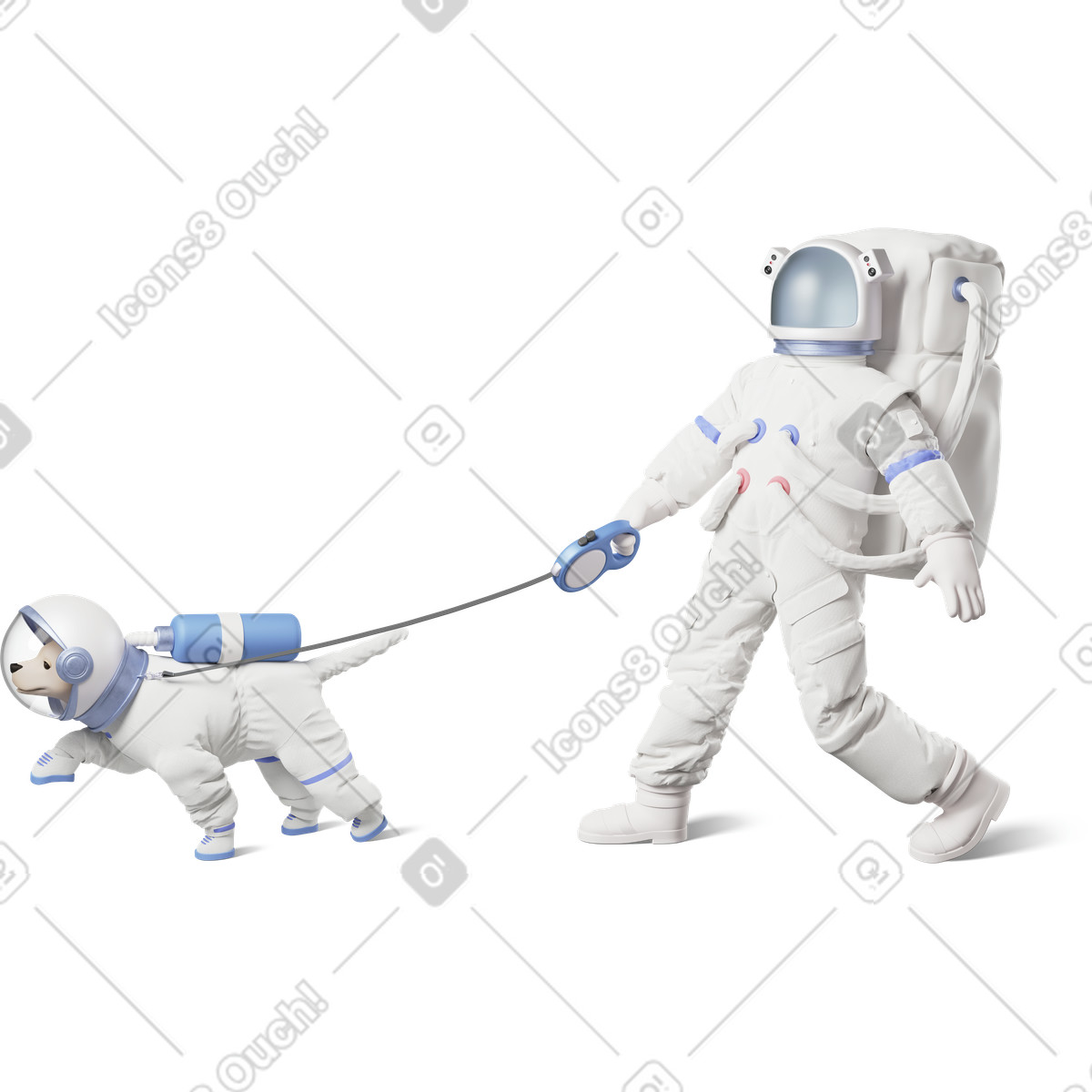 下载 3D Business 风格的 Astronaut walking dog in space suit 插画，支持 PNG、SVG 格式