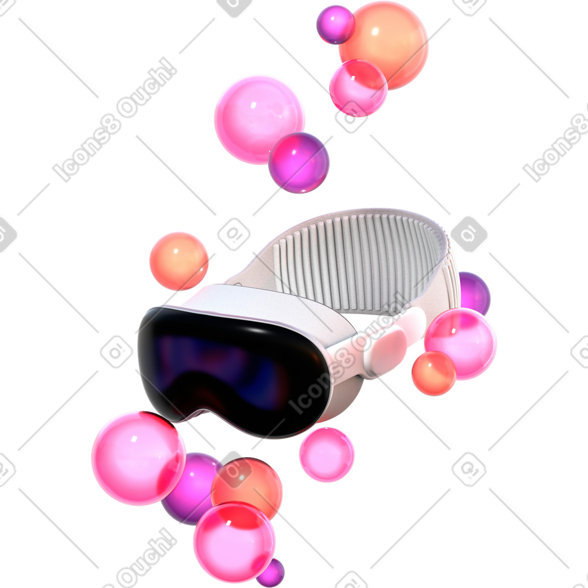 Visore pro vr con sfere di vetro fluttuanti illustrazione in stile 3D Glassy scarica in PNG, SVG