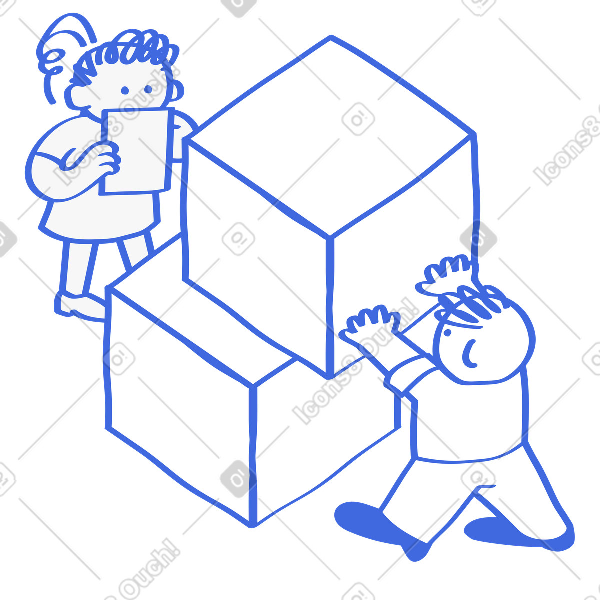 下载 Ballpoint Pen 风格的 Children building tower with large boxes and planning paper sheet 插画，支持 PNG、SVG 格式