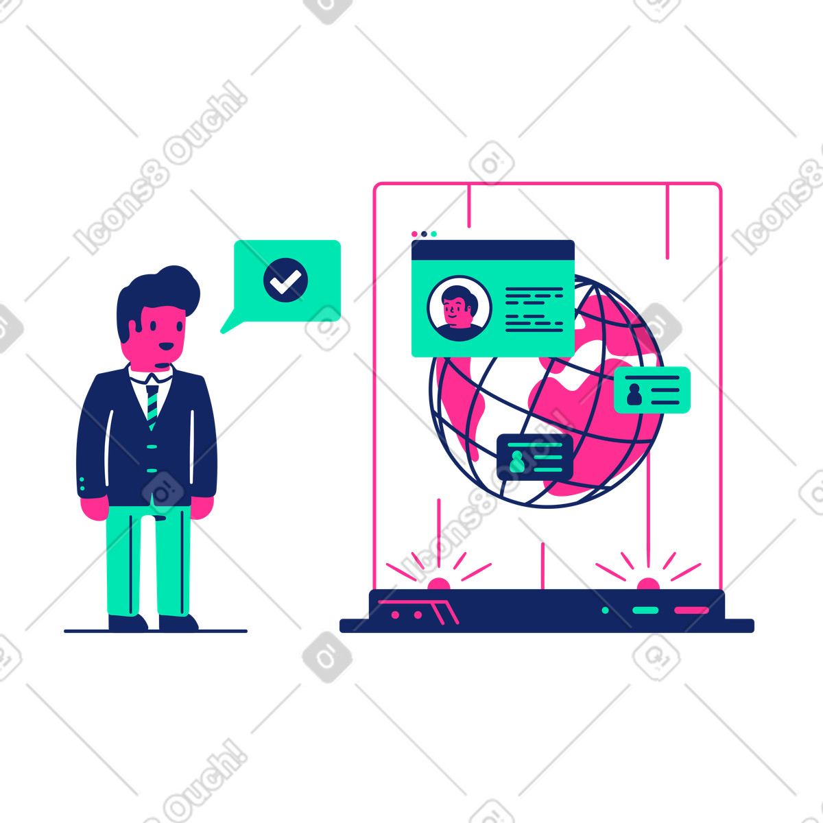 Man recruiter is looking for new workers around the world to work remotely illustration in PNG, SVG