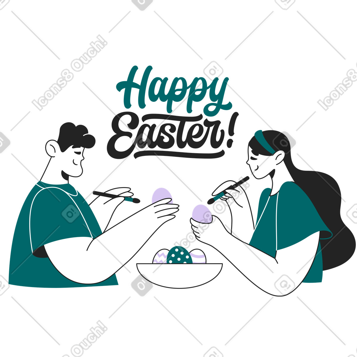 Couple dyeing Easter eggs, celebration and family holiday tradition-Illustration im Sammy Line-Stil als Download in PNG, SVG