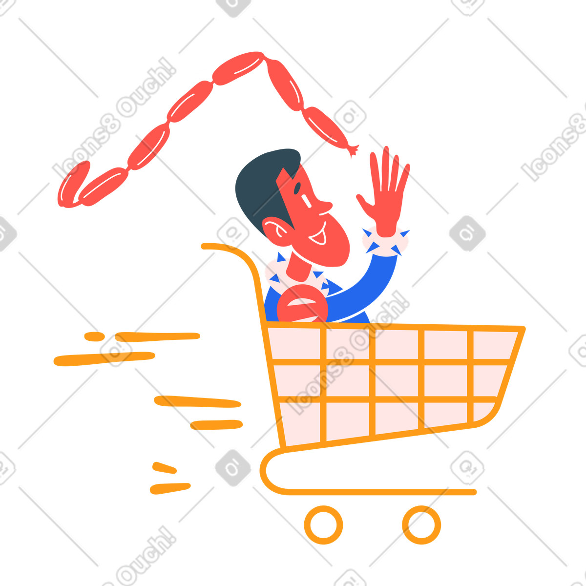 Man riding in a shopping cart at grocery store illustration in Kingdom style download in PNG, SVG