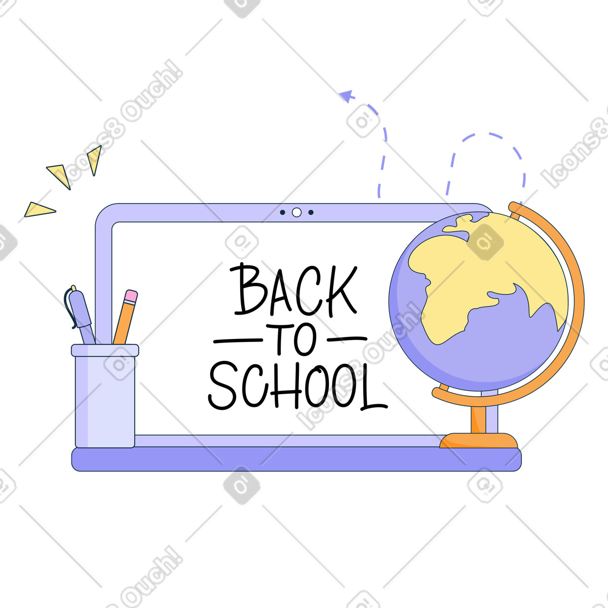 Laptop illustration featuring Back to school text and study supplies clipart for digital education GIF