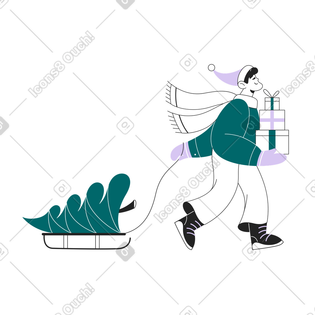 Man carrying a christmas tree illustration in Sammy Line style download in PNG, SVG