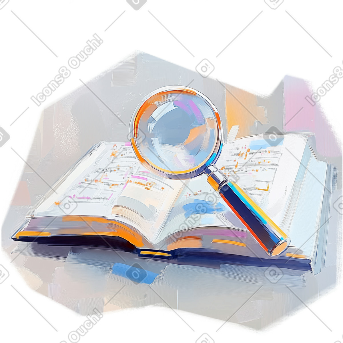 Dipinto ad olio raffigurante la ricerca di informazioni nel libro con lente d'ingrandimento illustrazione in stile Pictorial scarica in PNG, SVG