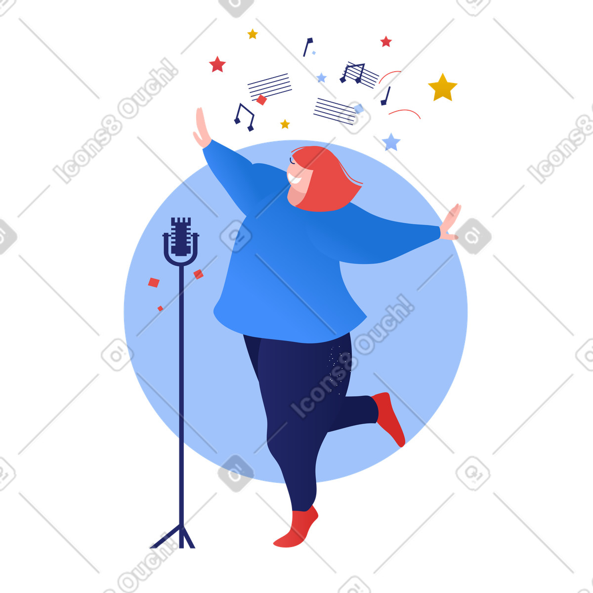 Female singer with microphone performing illustration in Clip style download in PNG, SVG