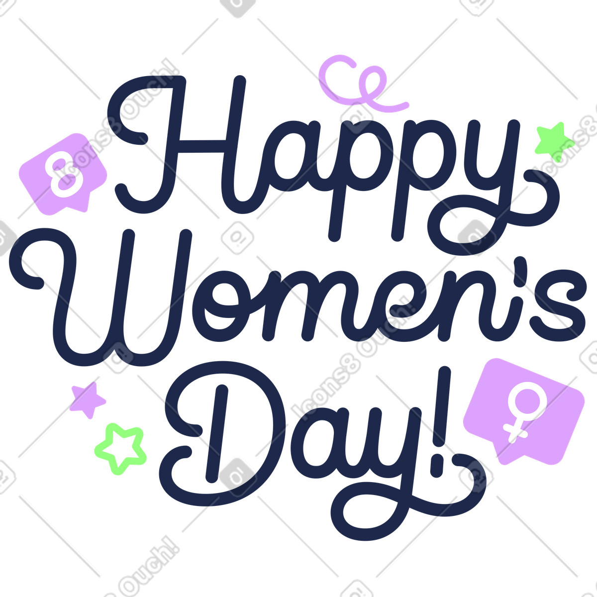 Outline スタイルの Happy Women's Day lettering with female symbols, International celebration のイラストをPNG、SVG形式でダウンロード