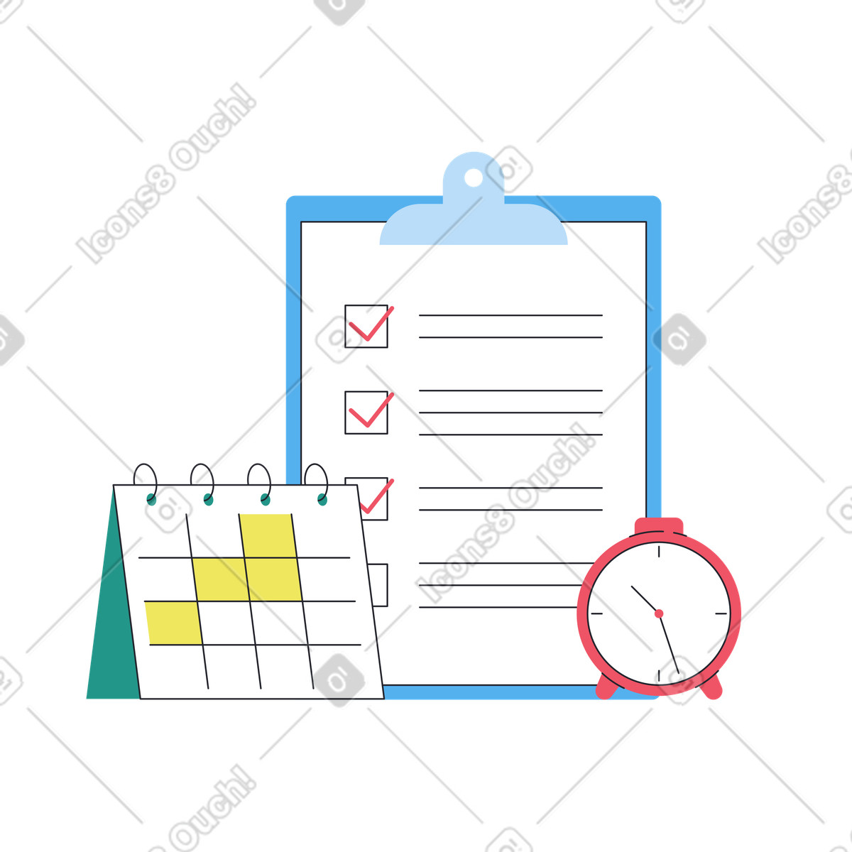 Иллюстрация Calendar, checklist and clock for time management в стиле Boba — скачать в форматах PNG, SVG