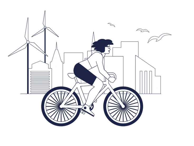 A woman riding a bicycle with city skyline - Urban Line style illustration