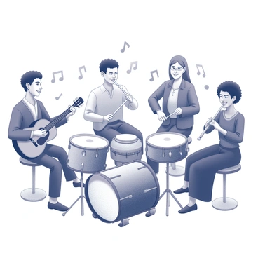 A group of musicians gathered together in a vibrant setting. Each musician belongs to a different ethnicity, showcasing a variety of traditional outfits representative of their cultures. They are playing various instruments: one musician is playing a guitar, another is on a set of drums, while a third is holding a flute. Their musical notes seem to swirl around them, visually representing the harmony of their performance. The expressions on their faces convey concentration and joy as they play together in unison.