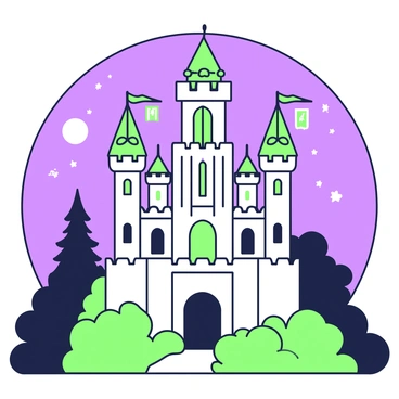 A large castle with tall spires and intricate architecture stands under the moonlight. The castle's walls are adorned with ornate details, and the windows reflect the soft light of the moon. Banners with symbols are attached to the castle's towers, gently waving in the night breeze. The surrounding landscape includes a darkened forest with silhouettes of trees, adding depth to the scene. The sky above is a deep shade, speckled with stars, enhancing the overall nighttime atmosphere.