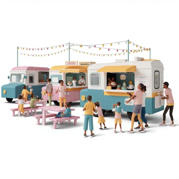 A lively food truck festival with multiple brightly colored food trucks offering a variety of cuisines. Families are gathered around, with children laughing and pointing at different food options. Parents are holding plates filled with street food such as tacos, burgers, and desserts. The atmosphere is filled with people sitting at picnic tables, while some are standing and chatting. In the background, there are string lights illuminating the area and food trucks displaying their menus. A group of kids is playing in a corner, adding to the vibrant scene of the festival.