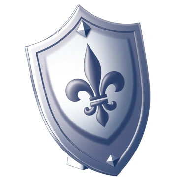 A ceremonial shield with a distinctive shape, featuring a bold "fleur-de-lis" design prominently painted across its face. The shield has a polished surface, reflecting light in certain areas, and is adorned with intricate patterns along the edges. The center of the shield showcases the "fleur-de-lis," which is detailed and symmetrical, standing out against the background. The shield is displayed upright, possibly on a wooden stand, emphasizing its significance and craftsmanship.
