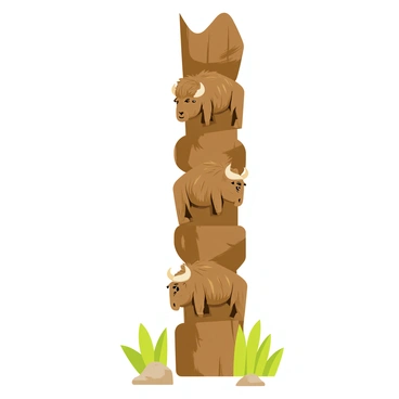 A wooden totem pole rising tall with a rich brown finish. The totem pole features intricately carved buffalo figures, each showcasing detailed textures in their fur and prominent horns. The buffalo are arranged in a vertical stack, with the largest figure at the bottom and smaller ones above. Surrounding the totem pole, there are green grass patches and scattered small stones to enhance the natural outdoor setting. The overall composition highlights the craftsmanship of the carvings with a focus on the buffalo's majestic presence.