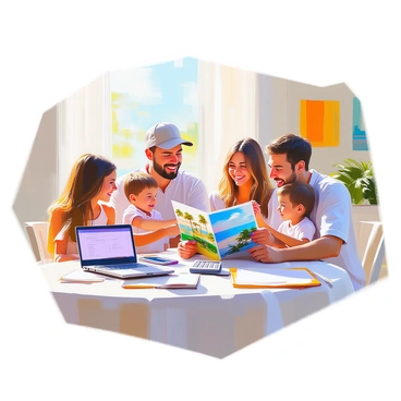 A family of four is gathered around a dining table, excitedly discussing their upcoming vacation plans. The parents, with light skin and casual attire, are reviewing a colorful brochure filled with images of tropical destinations. The children, a boy and a girl, are eagerly pointing at the brochure, their faces lit with enthusiasm. On the table, there is a laptop displaying a cashback rewards website. Nearby, a notepad is filled with notes and ideas for their trip, along with a calculator showing the cashback amount they've accumulated. The room is bright and cheerful, with travel-themed decorations in the background.