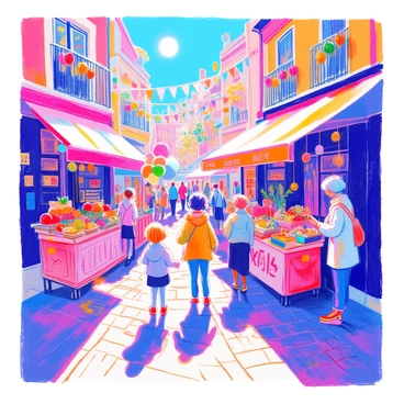 A bustling street market scene features multiple colorful stalls filled with various goods. One stall displays fresh fruits and vegetables, while another showcases handmade crafts and textiles. People of diverse backgrounds are walking through the market, interacting with vendors and examining the products. A child is pointing at a bright bunch of balloons, while an older woman is examining a piece of jewelry. Colorful banners flutter above the stalls, adding to the lively atmosphere. The sun shines brightly, casting cheerful shadows on the cobblestone ground.