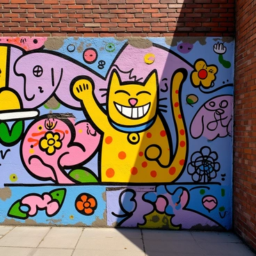A vibrant mural of a "lucky cat" with bright colors and intricate patterns painted on a city wall. The lucky cat has a big smile and is raising one paw, surrounded by various other graffiti art featuring flowers, abstract shapes, and colorful designs. The wall is made of weathered bricks, adding texture to the scene. Sunlight casts shadows on the mural, highlighting the details and colors.
