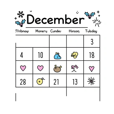 A calendar page displaying the month of December. The top section features the word "December" in large, bold letters. Surrounding the text are colorful and festive decorations, including snowflakes, holly leaves, and Christmas ornaments. Each date box in the calendar has small, vibrant illustrations representing different holidays, such as a turkey for Thanksgiving, a heart for Valentine's Day, and a fireworks graphic for New Year's Eve. The overall layout is neat and organized, with a clean border framing the entire page.