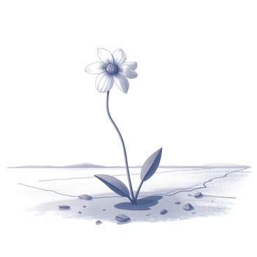 A single wilting flower stands alone in a vast, barren landscape. The flower has drooping petals and a slender stem, suggesting its fragility. Surrounding the flower, the ground is cracked and dry, with sparse patches of earth visible. The horizon appears distant and empty, emphasizing the isolation of the flower. The sky overhead is expansive and devoid of clouds, adding to the sense of desolation. The overall composition captures a stark contrast between the delicate flower and the harsh environment.