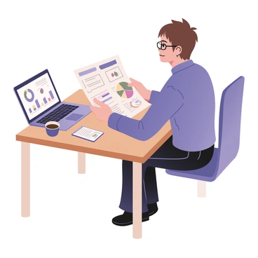 A person sitting at a wooden desk, reviewing a market analysis report. The individual is focused on the document in front of them, which features multiple pie charts and graphs showcasing various data points. The person has short brown hair and is wearing glasses, dressed in a blue shirt and dark jeans. To the left of the document, there is a laptop open, displaying additional graphs. A cup of coffee sits on the right side of the desk next to a small notepad filled with notes. The background is softly blurred to keep attention on the scene at the desk.