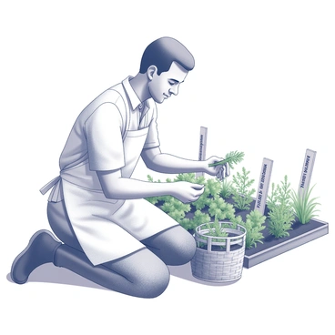 A boulanger picking herbs from a garden to use in today's bread
