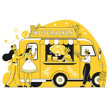 A food truck designed with intricate "Nutcracker" themes, featuring elaborate decorations that evoke a festive atmosphere. The truck is adorned with illustrations of characters from the ballet, such as the Nutcracker Prince and the Sugar Plum Fairy. Two servers are dressed in costumes that resemble the Nutcracker and Clara, complete with detailed accessories such as crowns and toy swords. Each server is engaging with customers, presenting them with food served in festive packaging. Surrounding the food truck are holiday decorations, including garlands and twinkling lights, contributing to a joyful scene.
