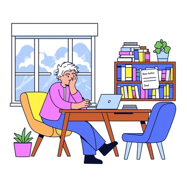 An author is sitting at a wooden desk in a cozy home office. The desk is cluttered with stacks of paper and a laptop. A rejection letter with the words "Dear Author" is prominently displayed on the desk. The room has a warm atmosphere, with a large bookshelf filled with books in the background. A small potted plant sits on the desk. A comfortable armchair is positioned in the corner, and a window shows a view of trees outside. The author appears contemplative, with a furrowed brow, holding a pen in hand.