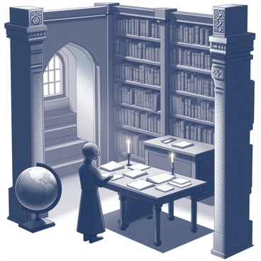 A Nosferatu character is depicted exploring a hidden library. The library is dimly lit, with tall, dusty shelves filled with ancient tomes and scrolls. The character stands near a large wooden table cluttered with open books and parchment. Candles flicker, casting shadows on the stone walls. A large globe is placed in one corner, and intricate carvings adorn the shelves. The atmosphere is mysterious and filled with the allure of hidden knowledge. "Secret tomes and scrolls" are scattered about, hinting at the library’s forgotten secrets.
