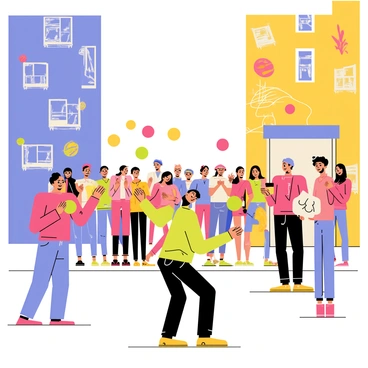 A lively street scene featuring tall buildings with walls covered in vibrant graffiti art in shades of blue, pink, and yellow. The graffiti includes various designs such as abstract shapes and playful characters. In the foreground, energetic street performers are entertaining a crowd. One performer is juggling brightly colored balls, while another is dancing with a hula hoop. The crowd is made up of diverse people, some clapping and others taking photos. The scene is full of movement and excitement, capturing the essence of urban culture.