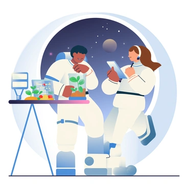 Two astronauts are inside a spacecraft, focused on conducting plant growth experiments. One astronaut, with dark skin and short black hair, is wearing a white spacesuit and examining a transparent container filled with small green seedlings. The other astronaut, with light skin and long brown hair tied back, is writing notes on a digital tablet while standing next to a panel of controls. Various scientific equipment, including lights and moisture sensors, is arranged on a table nearby. Through a round window in the background, stars and planets are visible in the dark expanse of space.