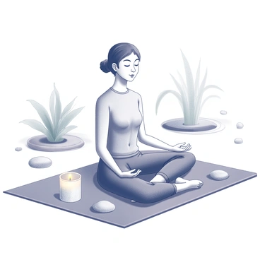 A person sitting cross-legged on a soft mat, engaged in mindfulness meditation. The individual has a peaceful expression, with closed eyes, as they focus on their breath. Surrounding them are various elements that enhance the tranquil atmosphere. There are smooth pebbles scattered around, and a small arrangement of leafy green plants in the background. Gentle curves of a nearby water feature can be seen, creating a calming effect. In the foreground, a lit candle flickers softly, casting gentle shadows around the scene.