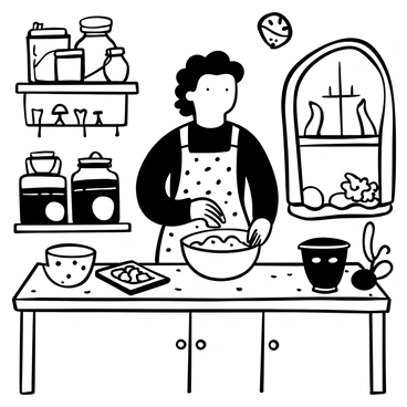 "The Bride of Frankenstein" wearing a patterned apron is standing at a wooden kitchen counter, mixing cookie dough in a bowl. Flour is scattered across the counter, and the kitchen is filled with jars of baking ingredients. A tray of shaped cookie dough is placed next to her, with a few cookies already baked and cooling on a rack. Warm light is shining from a window, creating a cozy atmosphere. Various baking utensils are neatly arranged around her, adding to the scene.