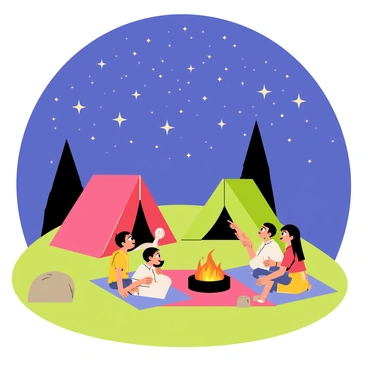 A cozy campsite set on a gentle hill, featuring a small circle of colorful tents. Children are sitting on blankets around a softly glowing campfire, looking up at the night sky. The kids are pointing at bright constellations, their faces illuminated by the firelight. Above them, the sky is clear and filled with countless stars, twinkling brightly. A few trees are silhouetted against the night, adding to the tranquil atmosphere of the campsite.