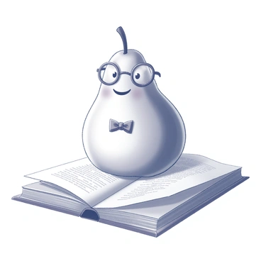 A cartoon character shaped like a pear with a smooth, round body. The character is wearing round glasses perched on its face, giving it an intellectual appearance. It has a small, neatly tied bow tie around its neck. The pear character is sitting atop an open book, which has visible pages and a textured cover. The book is placed on a flat surface, with the character centered on it, creating a whimsical scene.