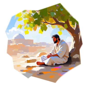 A man named Jonah is sitting peacefully under a lush green vine that provides ample shade. He has a contemplative expression on his face as he relaxes on a sandy patch of ground. In the background, the city of Nineveh can be seen with its ancient structures and walls, hinting at a bustling life within. The sky above is clear with a few fluffy clouds drifting by, and the sun casts dappled light through the leaves of the vine, creating patterns on the ground around him. Jonah is dressed in simple, flowing robes, and there are scattered stones and plants nearby, adding to the natural setting.