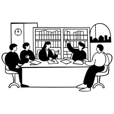 A group of lawmakers seated around a large rectangular table in a government office. Papers and documents are spread across the table, some lawmakers gesturing with their hands while others lean forward intently. A large bookcase filled with legal texts and binders is visible in the background. There are several chairs arranged around the table, and a clock hanging on the wall indicates the time. A window shows a view of an urban environment outside, suggesting the setting of a busy city.