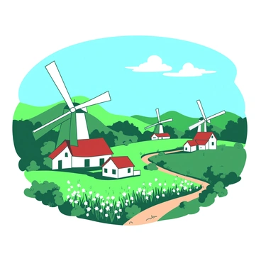 A green village landscape features several white windmills with spinning blades catching the wind. The windmills are set against a backdrop of rolling hills. Scattered throughout the village are small, charming houses with red roofs and white walls. In the foreground, a dirt path leads through fields of vibrant flowers, while a clear blue sky stretches overhead. A few fluffy white clouds float lazily by, accentuating the tranquil atmosphere of the scene.