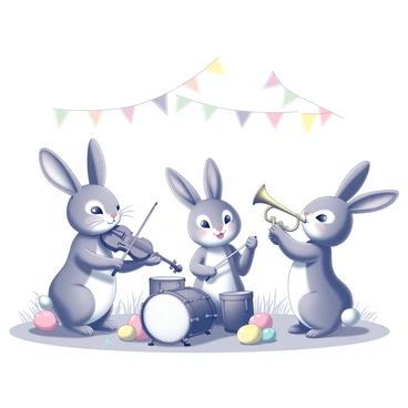 A group of bunnies gathered in a festive setting, each bunny playing a different musical instrument. One bunny is playing a violin, holding it carefully under its chin with a determined expression. Another bunny is seated at a small drum set, its paws striking the drums rhythmically. A third bunny is blowing into a trumpet, its cheeks puffed out. Colorful decorations are suspended in the air, and there are flowers and colorful eggs scattered on the ground, contributing to the joyful atmosphere of the Easter celebration.