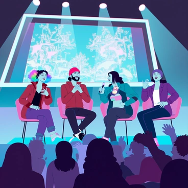 A panel of anime artists and creators sitting on a stage with microphones in front of them. The artists have diverse appearances, including a woman with colorful hair and glasses, a man with a beanie and a beard, and another woman with long hair and a stylish outfit. They are engaged in lively discussion, smiling as they interact with the audience. The audience consists of enthusiastic fans, some with anime merchandise, raising their hands to ask questions. Bright lights illuminate the stage, and a large screen behind the panel displays vibrant anime artwork. The atmosphere is filled with excitement and energy.