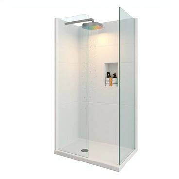 A modern bathroom featuring a sleek shower with a glass enclosure. The showerhead is designed to emit a spectrum of rainbow colors, creating colorful patterns in the water as it cascades down. The tiles in the shower are glossy white, contrasting with the vibrant colors. Outside the shower, there are neatly arranged bath products on a small shelf, and warm light illuminates the space, enhancing the overall ambiance.