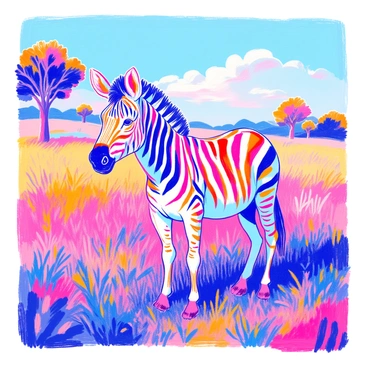 A zebra stands in a grassy field. Its body features a striking "checkerboard pattern" instead of the traditional stripes, with alternating black and white squares covering its entire body. The zebra's mane is slick and short, complementing its unique pattern. The sun casts a warm glow on the scene, highlighting the intricate details of its coat. In the background, a few trees are scattered, and a clear blue sky stretches overhead. The zebra looks curiously towards the viewer, with its ears perked up.