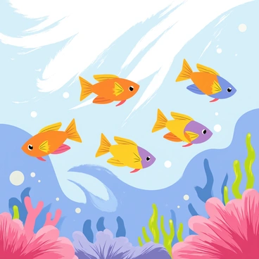 A group of vibrant angelfish with a variety of colors, including orange, blue, yellow, and purple, swims gracefully through clear water. The background is filled with swirling patterns of deep blues and turquoise, mimicking ocean hues. Light filters through the water, creating shimmering reflections on the fish's scales. Coral formations in shades of pink and green are scattered throughout, providing a lively habitat for the angelfish. Bubbles rise gently, adding movement to the scene.