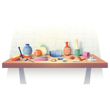 An assortment of Babylonian artifacts is arranged on a long wooden display table. The table is filled with intricately designed pottery, featuring geometric patterns and ancient cuneiform inscriptions. Among the pottery, there are various tools made from bronze and stone, each displaying signs of age and wear. Some tools are shaped like chisels and axes, while others resemble small hand-held implements. In the background, a subtle textured wall gives context to the historical theme, enhancing the focus on the artifacts. A soft spotlight illuminates the items, casting gentle shadows on the table surface.