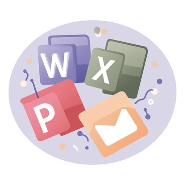 A digital flat illustration featuring a set of Microsoft Office icons, including "Word," "Excel," "PowerPoint," and "Outlook." The icons are arranged in a dynamic, circular pattern. Each icon is prominently displayed in its signature color scheme, with "Word" in blue, "Excel" in green, "PowerPoint" in red, and "Outlook" in orange. The icons overlap slightly, creating a sense of depth and movement. Small decorative elements, such as lines and shapes, connect the icons, enhancing the overall composition. The background is a light gray to provide contrast and make the icons stand out.