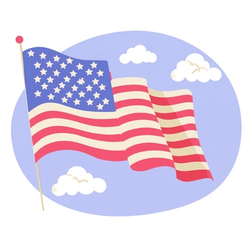 A large American flag billowing in the wind against a bright blue sky