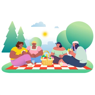 A group of four friends is sitting on a red and white checkered blanket spread out on green grass in a park. The sun is shining brightly, creating a warm and inviting atmosphere. One friend, with curly brown hair, is holding a sandwich, while another friend, with straight black hair, is pouring lemonade from a glass pitcher into colorful cups. A wicker basket filled with various foods such as fruits, chips, and a cake is positioned near the center of the blanket. In the background, tall trees provide shade, and a few fluffy white clouds drift across the blue sky.