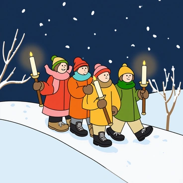 A group of five villagers walking down a narrow snowy path. Each villager is bundled up in colorful winter clothing, wearing hats and scarves. They are holding tall, flickering candles that cast a warm, golden light in the dark blue night. Snowflakes are gently falling around them, settling on the ground and on their shoulders. The path is flanked by soft, glowing snow drifts, and a few bare tree branches are visible in the background, dusted with snow. The villagers' faces show expressions of contentment as they move together, creating a sense of community in the winter setting.