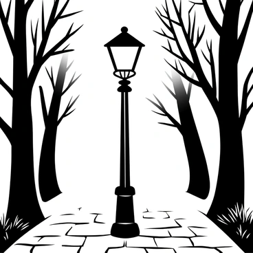 A streetlamp with a flickering light stands on a quiet street, surrounded by a dense fog. The lamp's post is tall and slender, with intricate designs along its surface. The glow from the lamp creates uneven patches of light on the cobblestone pavement beneath it. Shadows of nearby trees loom in the mist, their branches stretching toward the light. A soft haze envelops the surroundings, adding depth to the mysterious atmosphere.