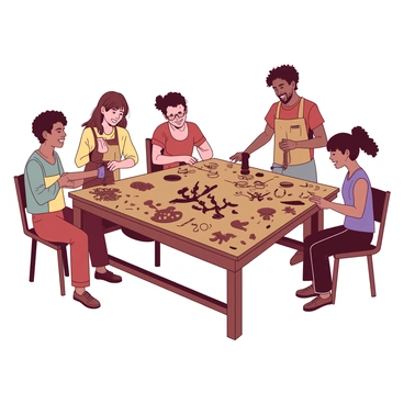 A group of diverse community members is gathered around a large wooden table, focused on crafting intricate iron decorations. Each person is engaged with different tools, such as hammers and pliers, shaping pieces of iron with concentration. The table is filled with various iron scraps and partially finished decorations, showcasing an array of designs. The atmosphere is lively, with smiles and exchanged ideas among the members as they work together on their projects.